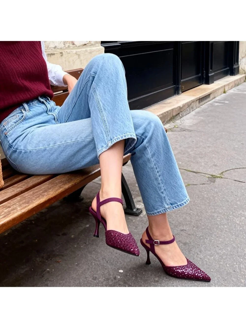 Women Burgundy Rhinestone Slingback Kitten Pointed Closed Toe Pump Stiletto Heel